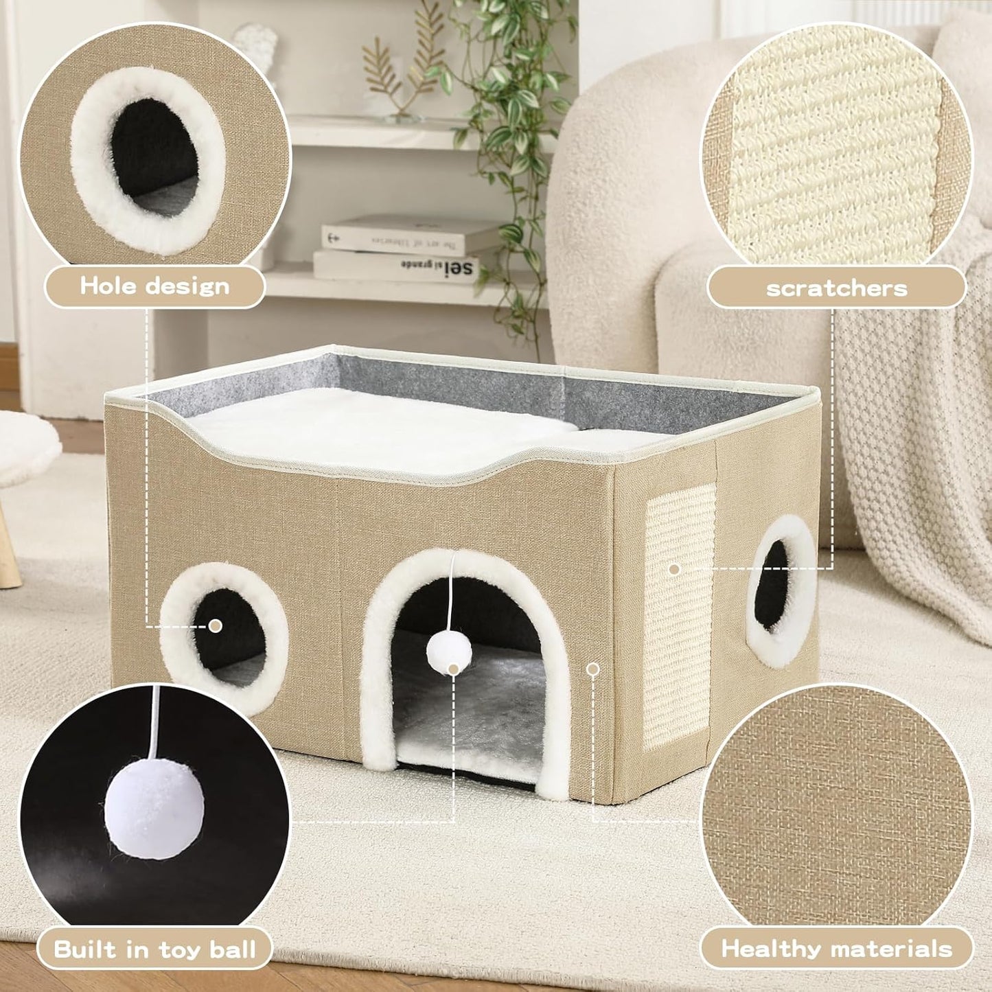 Large Cat Bed for Indoor Cats, Extra Wide Cat Cave House with Scratch Pad and Fluffy Ball, Foldable Cat Hideaway for Kitten Bed, Cat Condo for Cats (Khaki, X-Large)