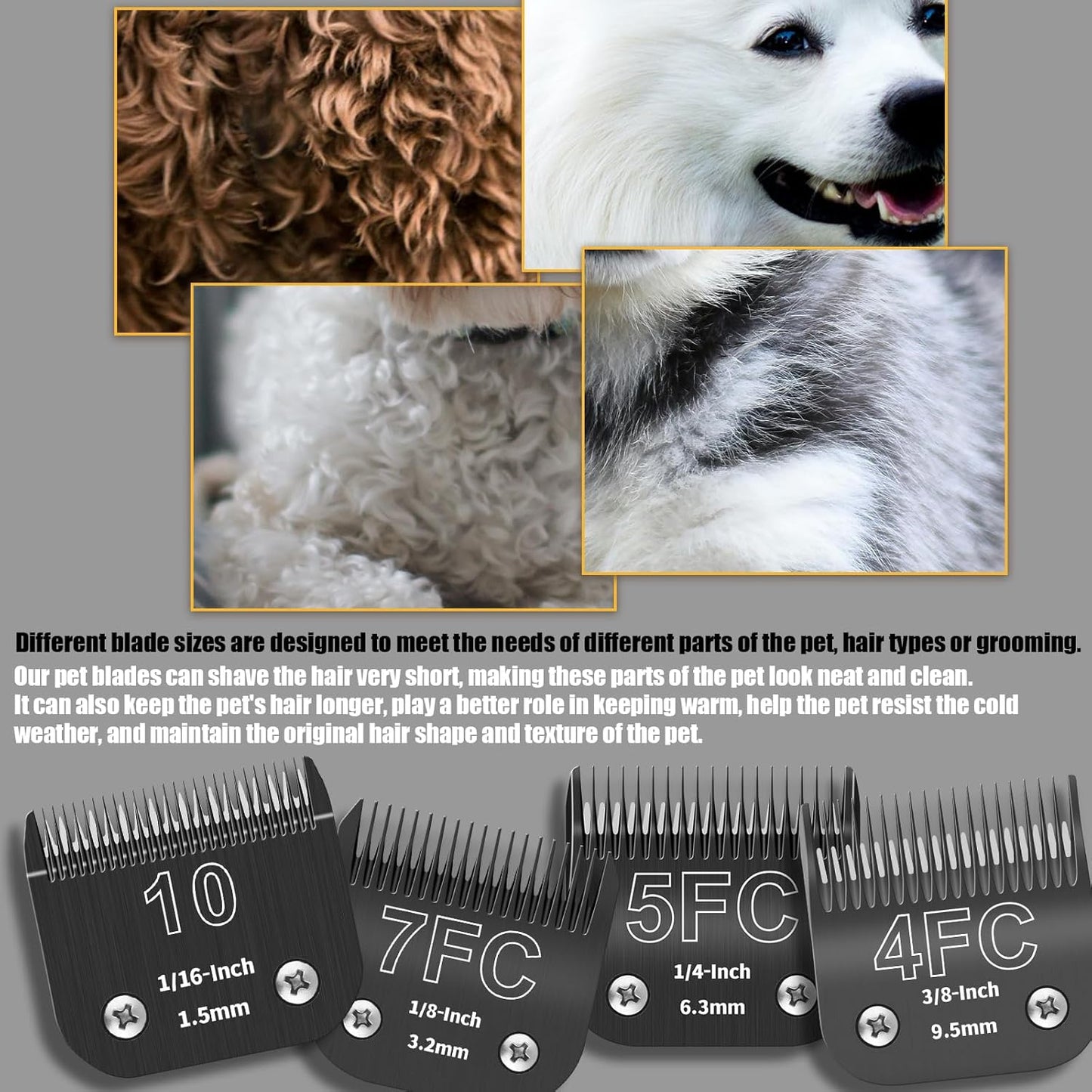 4 Pack Detachable Dog Grooming Steel Blades with Blade case Holder,Compatible with Andis,Oster A5,Wahl KM-10 Series,Cutting Length 1/16" to 3/8"(10+7FC+5FC+4FC-Black)