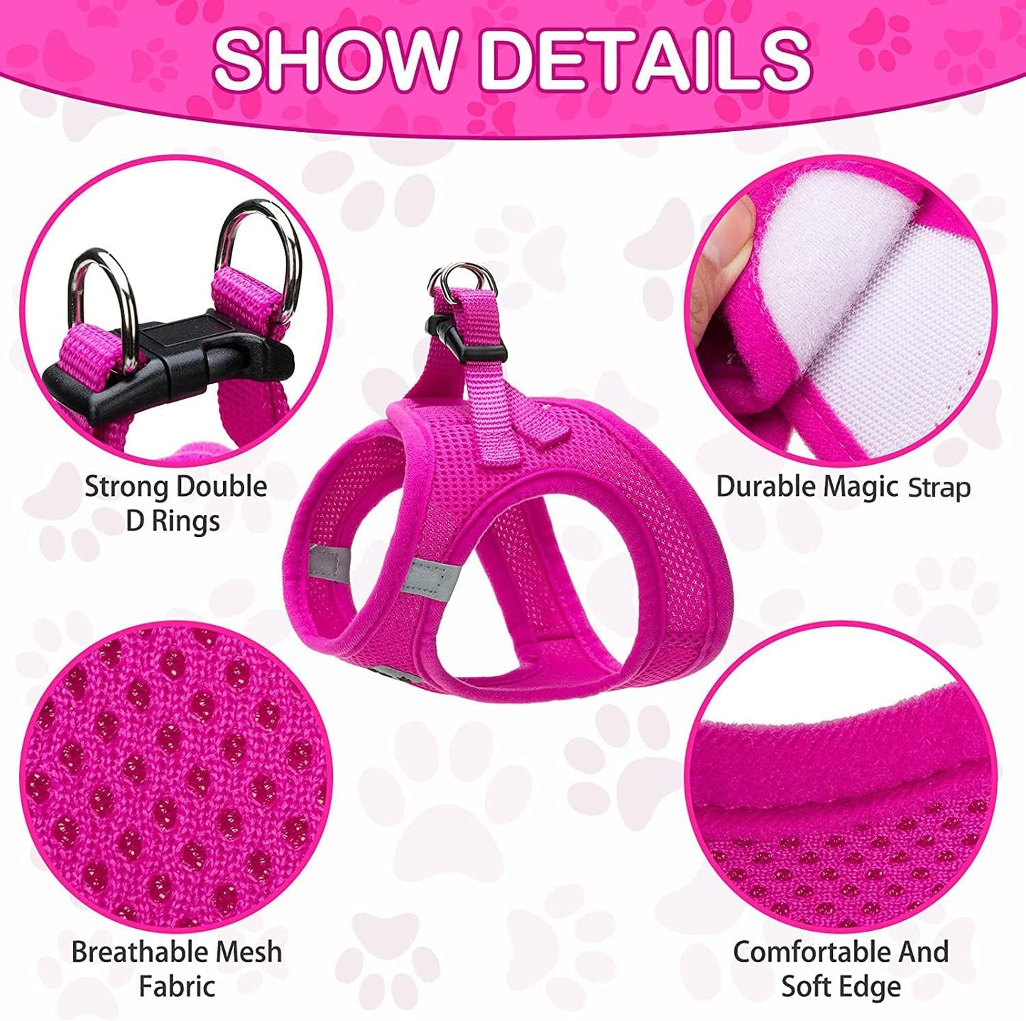 PUPTECK Adjustable Dog Harness Collar and Leash Set Step in No Pull Pet Harness for Small Medium Dogs Puppy and Cats Outdoor Walking Running, Soft Mesh Padded Reflective Vest Harnesses, Solid Pink S