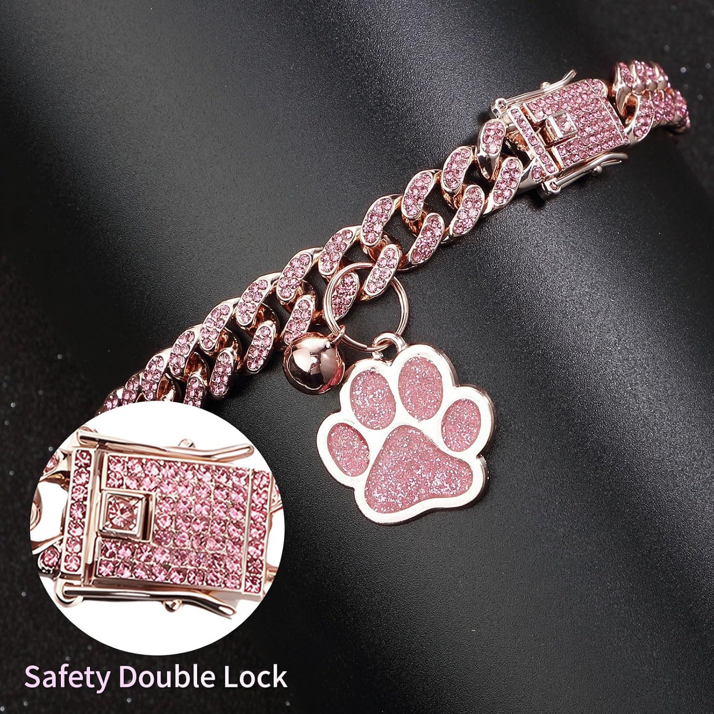 Hillban Cat Collar Diamond Chain Glitter Collar Walking Metal with Secure Buckle Cat Pet Necklace with Paw Charm and ID Tag Bell Link Cuban Jewelry Accessories(8 Inch,Rose Gold, Pink)