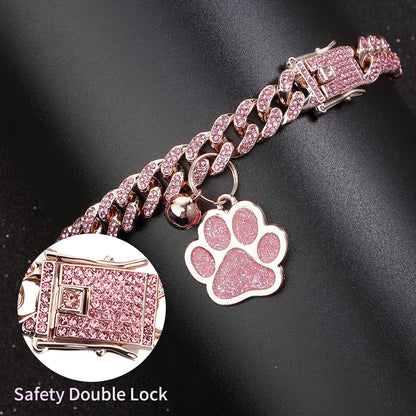 Hillban Cat Collar Diamond Chain Glitter Collar Walking Metal with Secure Buckle Cat Pet Necklace with Paw Charm and ID Tag Bell Link Cuban Jewelry Accessories(8 Inch,Rose Gold, Pink)