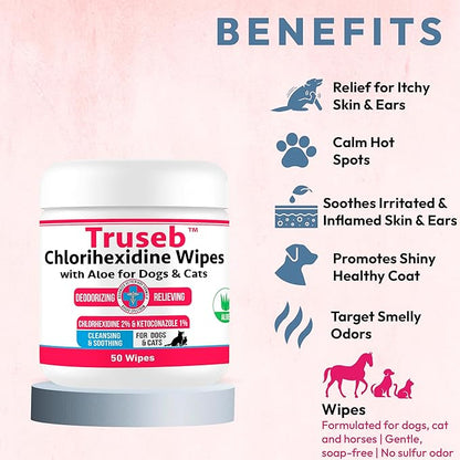 Truseb Topical Ketoconazole and Chlorhexidine Wipes for Dogs, Cats and Horses - with Aloe for Cleansing - 50 Count (Ketoconazole & Chlorhexidine Wipes, 50 Count)