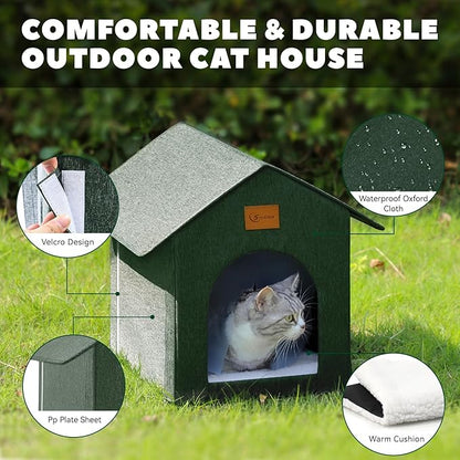 Outdoor Cat House Feral Cat Shelter,Outside Waterproof Cat House for Outdoor/Indoor Cats, Insulated Cat Bed for All Seasons with Cozy Cushion Easy to Assemble (Olive Green, floor spike style)