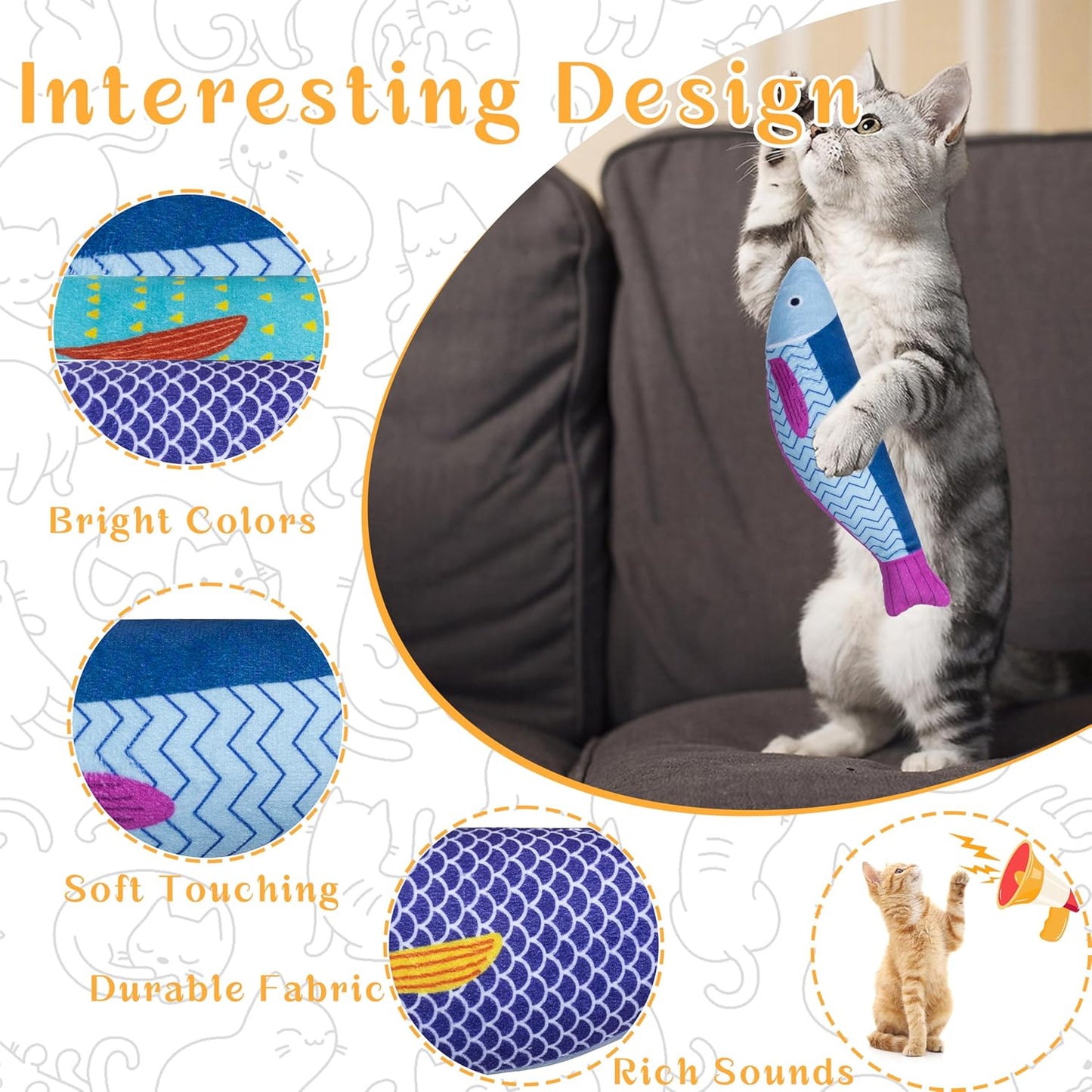 Soft Catnip Toys Fish, 3 Pack Bell Sound Cat Toys, Interesting Indoor Cat Kicker Toys, Durable and Highly Interactive Catnip Toys (Kingfish)