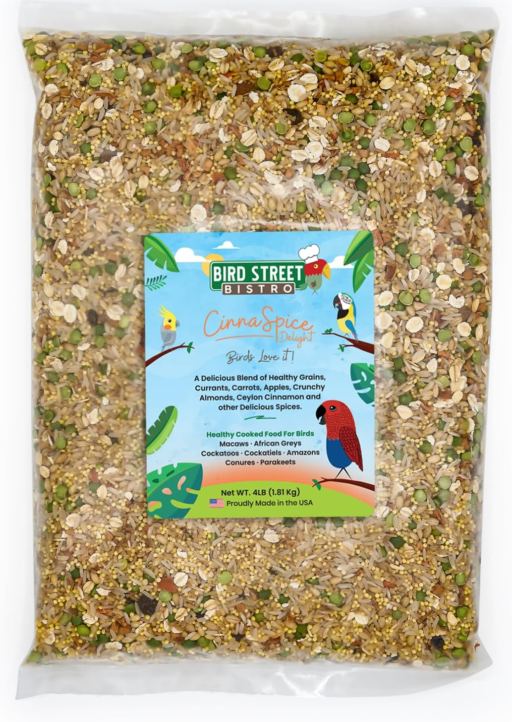 Parrot Parakeet Cockatiel Food - Bird Food - Cooks in 3-15 min with Natural & Organic Grains - Legumes - Non-GMO Fruits, Vegetables, & Health Orientated Spices (4.00 Pound (Pack of 1), CinnaSpice)