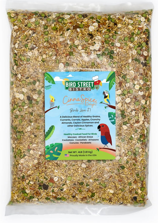 Parrot Parakeet Cockatiel Food - Bird Food - Cooks in 3-15 min with Natural & Organic Grains - Legumes - Non-GMO Fruits, Vegetables, & Health Orientated Spices (4.00 Pound (Pack of 1), CinnaSpice)