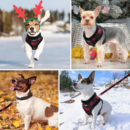 SCENEREAL Small Dog Harness Collar and Leash Set, Warm Fleece No Pull Puppy Vest Harness, Christmas Dog Outfit No Chock Adjustable Step in Pet Halter for Outdoor Walking Training, Red Plaid M