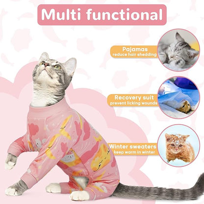 PUMYPOREITY Cat Hair Sticky Sweater, Stretchy 4-Leg Design for Fur Control, Recovery Suit - Breathable & Lightweight for Post-Surgery Protection, Cat Onsie Prevents Licking Wounds, Pink, XL