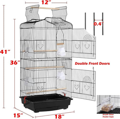 Large 36-Inch Portable Bird Flight Cage for Canary Parakeet Cockatiel Lovebird Finch Small Parrot Budgies Travel Bird Cage (Black with Toy)
