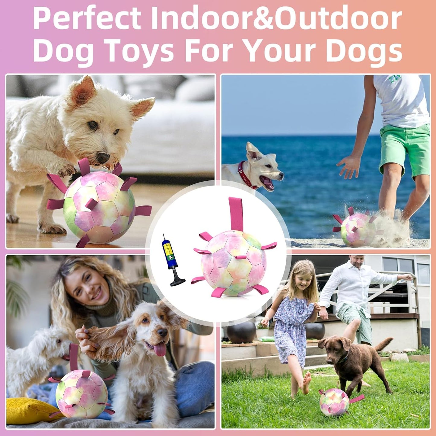 QDAN Dog Balls: Herding Ball for Dogs, Outdoor Toys Dog Soccer Ball with Straps, Interactive Pet Toys for World Cup Large Dogs Tug of War, Pet Birthday Gifts,Gradient Rainbow (8 Inch)