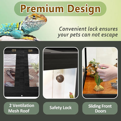 PROLEE Bearded Dragon Tank,37 Gallon Tempered Glass Reptile Tank with Mesh Roof and Front Sliding Door, Anti-Scratch Lizard Tank,Spacious Reptile Enclosure for Snakes,Lguanas, Chameleons(Black)