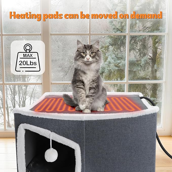 Heated Cat House for Indoor, Large Cat Bed with Heating Pad, Adjustable Temperature&Timing, with Fluffy Ball Hanging and Scratch Pad, Foldable Pet Hideaway for Small Medium and Large Cats (XXL)
