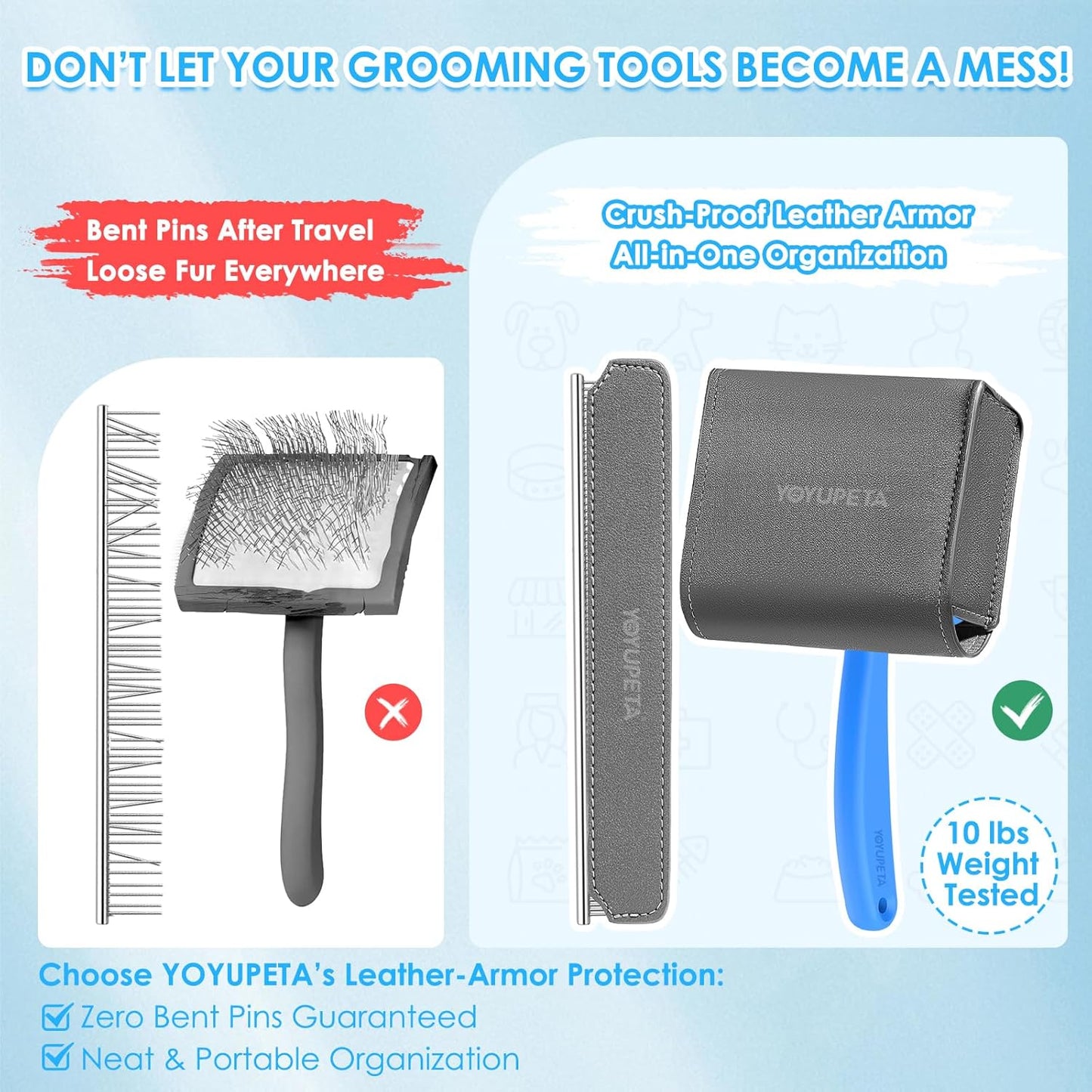 Large Dog Slicker Brush & Comb Set with Leather Sleeves - Long Pin Deshedding Brush for Golden Retrievers, Poodles, Doodles & Thick Coats, Wood Handle Pet Grooming Kit for Dogs, Cats. Blue