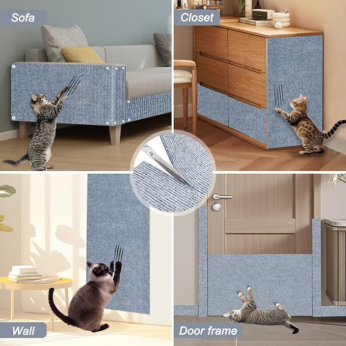 Cat Scratching Mat, 118.5"x15.9" Trimmable Self-Adhesive Cat Scratch Carpet, Couch Protector from Cats Claws, Furniture Corner Protectors for Cats, Indoor Furniture Protection for Chair (Light Gray)
