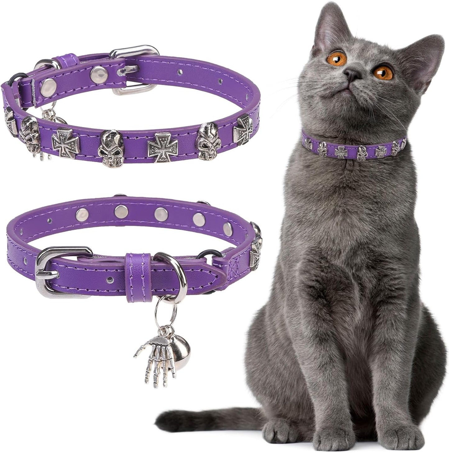 EXPAWLORER Leather Cat Collar for Girl Boy- Adjustable Pet Collar with Safety Elastic Belt,Personalized Punk Accessories Buckle Collars with Bell & Durable D-Ring, Skull(Purple)