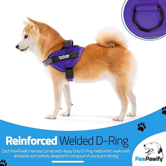 PawPawify Custom No Pull Dog Harness with Name and Phone Number, Heavy Duty Personalized Pet Vest to Prevent Tugging, Pulling, or Choking, Training and Walking (New Purple, XS (5-9LBS))