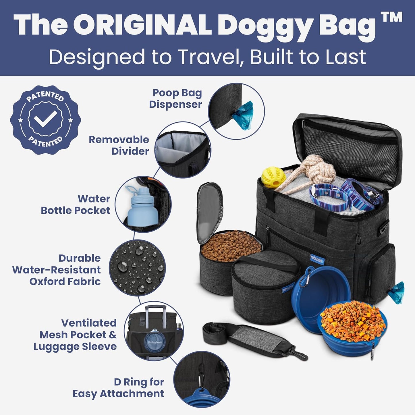 The Original Doggy Bag™- Dog Travel Bag for Supplies - Ultimate Gift for Dog Moms & Dads, Doggy Lovers & Pet Owners for Christmas- Includes 2 BPA-Free Travel Bowls and 2 Food Containers: Charcoal