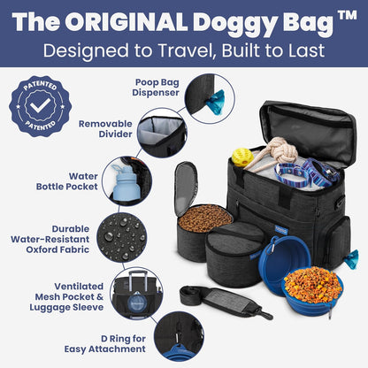 The Original Doggy Bag™- Dog Travel Bag for Supplies - Ultimate Gift for Dog Moms & Dads, Doggy Lovers & Pet Owners for Christmas- Includes 2 BPA-Free Travel Bowls and 2 Food Containers: Charcoal