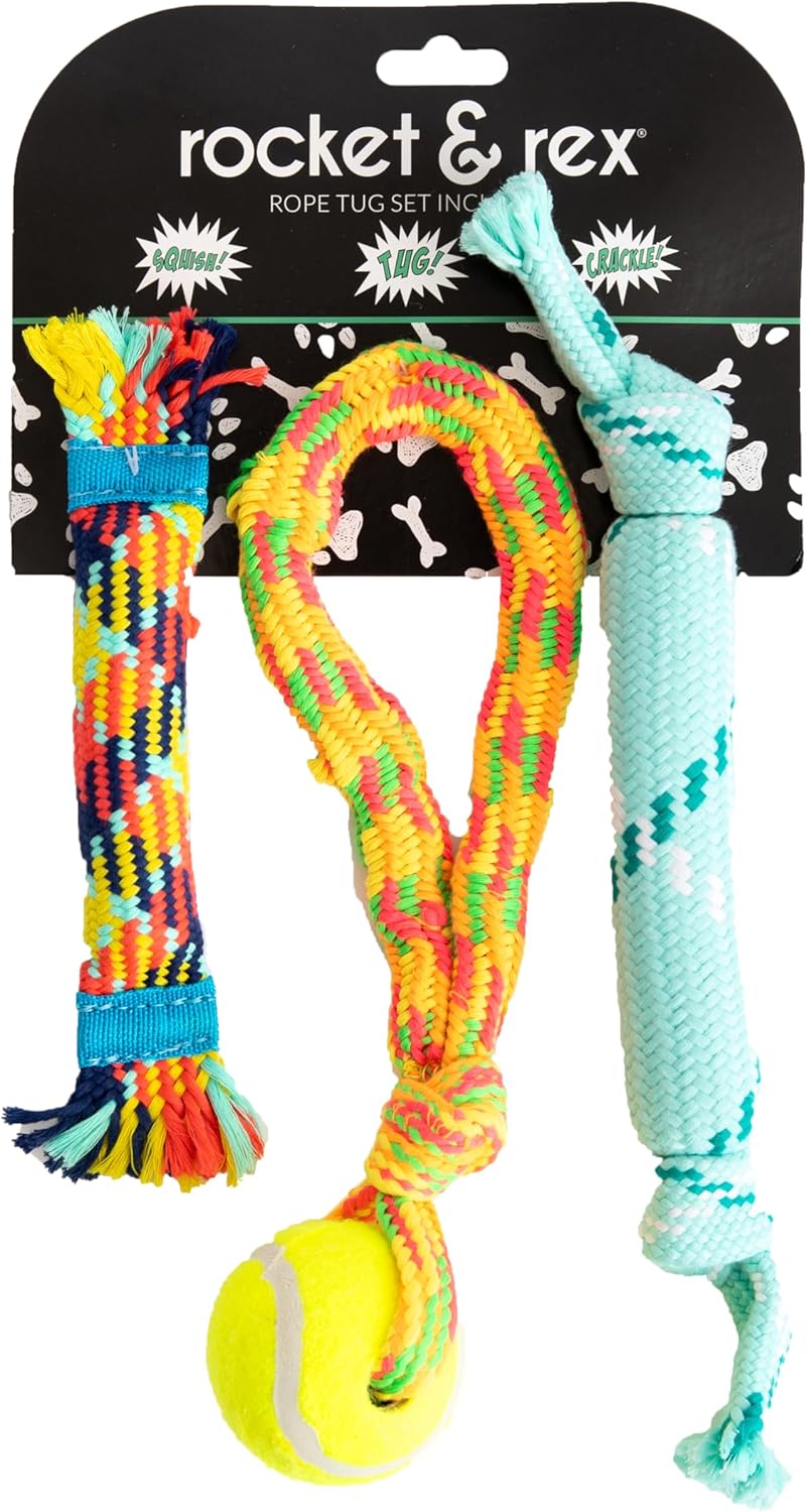 rocket & rex Dog Chew Toy Set for Small to Medium Breeds, Includes a Rope, Rubber Squeaker and Plush Toy with Ball, Reduces Destructive Chewing & Anxiety (Pack of 3)