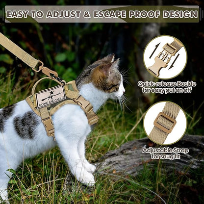 Tactical Cat Harness and Leash, Escape Proof Large Cat Walking Vest,Adjustable Soft Mesh Pet Vest Harness with Control Handle, Molle Patches (Large, Beige)