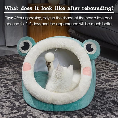 Jiupety Cute Cat Bed, Indoor Lovely Velvet Igloo for Cat and Small Dog, Warm Cave Sleeping Nest Bed for Puppy and Kitten, Green Frog, M