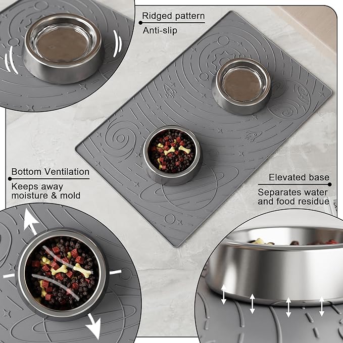 OHMO Dog Food Mat, Silicone Waterproof Cat Food Mat, Non-Skid Spill Proof Pet Feeding Mat for Food and Water, Easy to Clean Dog Placemat(Grey, 18.9" x 11.8")