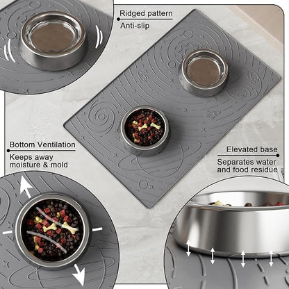 OHMO Dog Food Mat, Silicone Waterproof Cat Food Mat, Non-Skid Spill Proof Pet Feeding Mat for Food and Water, Easy to Clean Dog Placemat(Grey, 18.9" x 11.8")