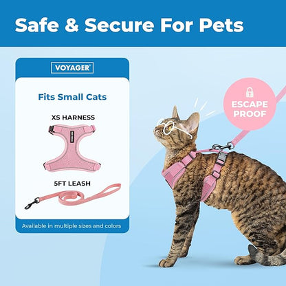 Voyager Escape Proof Cat Harness and Leash Set with Reflective Stitching, Neoprene Handle 5ft - Supports Small, Medium and Large Cats, Kittens for Walking by Best Pet Supplies - Pink, XS