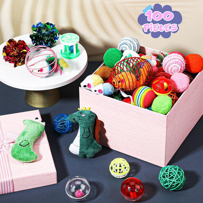 Lenwen 100 Pcs Cat Toys Set Bulk Cat Fur Mice Toys Variety Plastic Ball with Bell Furry Pompom Rattle Mouse Assorted Interactive Catnip Toy Pillow Chew Nice Gift for Indoor Kitten Cats Catch Play