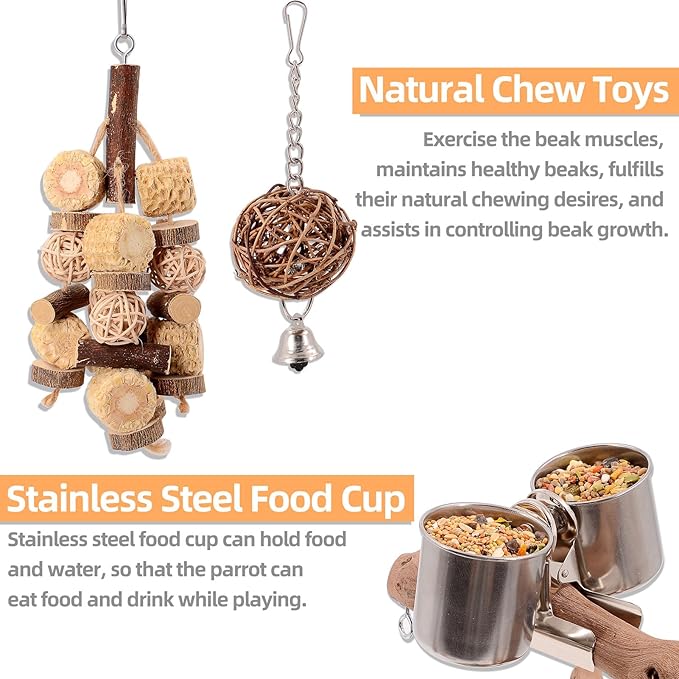 Natural Grape Wood Bird Parakeet Playground - Perch Stand for Parakeets, Cockatiels, and Small Birds Toys