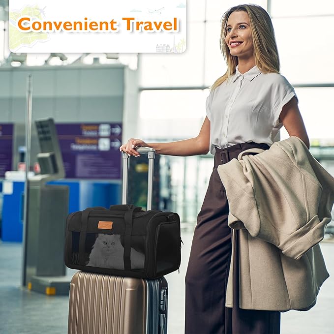 PETUX TSA Approved Pet Carrier in Cabin, 17"x11"x9.5" Soft Cat Carriers for Small Cat up to 12 lb, Top-Open Portable and Breathable Pet Carrier Airline Approved for Travel and Vet Visit, Black