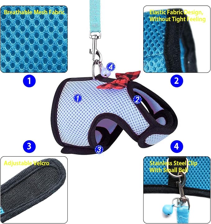 Rypet Ferret Harness and Leash 2 Pieces - Soft Mesh Small Pet Harness with Safe Bell, No Pull Comfort Padded Vest for Guinea Pig, Hamster, Rats and Similar Small Animals