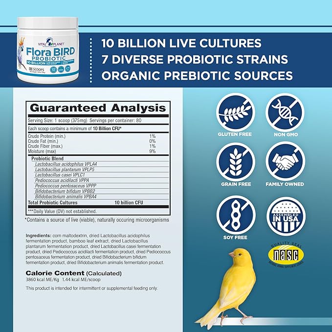 Vital Planet - Flora Bird Probiotic Powder Supplement with 10 Billion Cultures and 7 Diverse Strains, High Potency Probiotics for All Birds for Avian Digestive and Immune Support 80 Scoops 1.06 oz