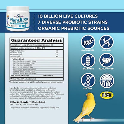 Vital Planet - Flora Bird Probiotic Powder Supplement with 10 Billion Cultures and 7 Diverse Strains, High Potency Probiotics for All Birds for Avian Digestive and Immune Support 80 Scoops 1.06 oz