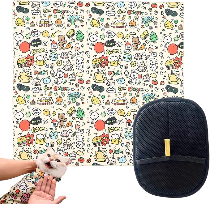 27.6x27.6 Cat Wrap for Cutting Nails, Cat Grooming Wrap with Pet Hair Removal Glove, Cats Restraint for Nail Clipping Ear Cleaning Teeth Brushing