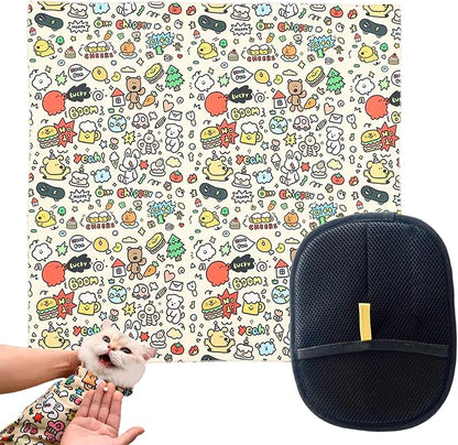 27.6x27.6 Cat Wrap for Cutting Nails, Cat Grooming Wrap with Pet Hair Removal Glove, Cats Restraint for Nail Clipping Ear Cleaning Teeth Brushing