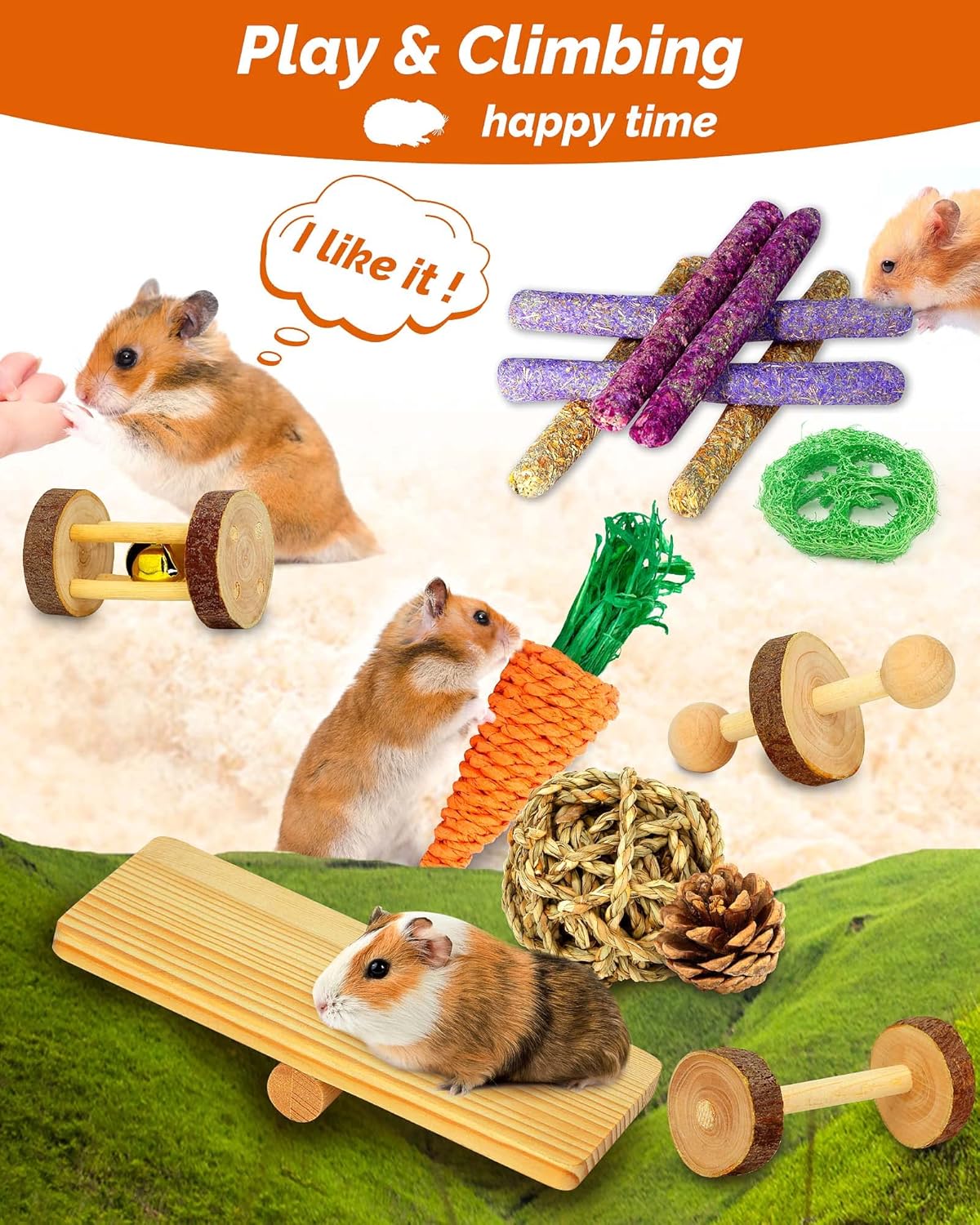 Hamster & Guinea Pig Toys - 18 Pcs Wooden Small Animal Chew Toys for Teeth - Rabbit, Chinchilla, Gerbils, Rats Exercise Accessories