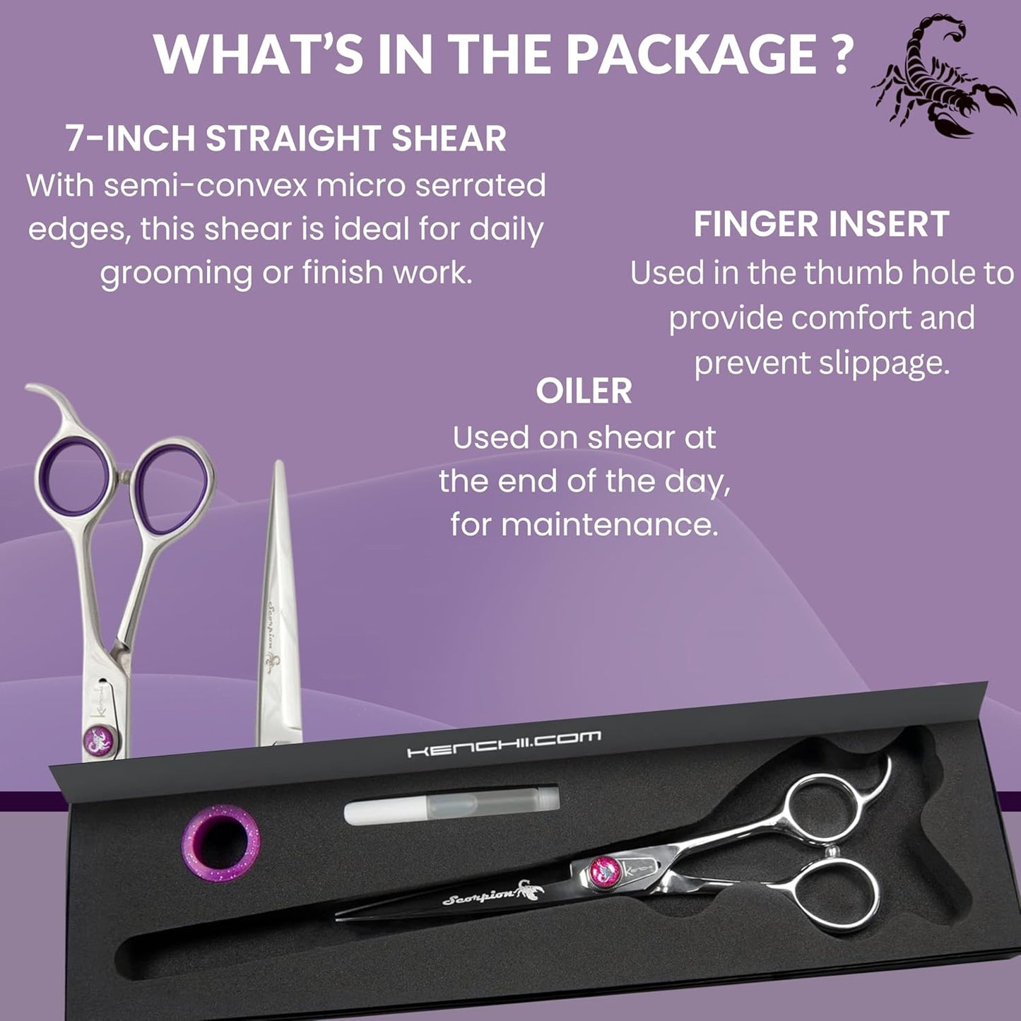 Kenchii Scorpion 7 Inch, Straight Grooming Scissors for Dogs and Pets - Premium Steel Scissors for Dog Grooming - Dog Shears Pet Grooming Accessories - Pet Hair Trimming Scissor