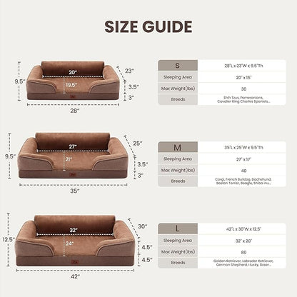 Orthopedic Dog Beds for Medium Size Dogs, Waterproof Egg-Crate Foam Pet Couch Bed with Soft Sides, Non-Slip Dog Sofa with Flannel Removable Washable Cover, 28" L Supportive Pet Sofa, Brown