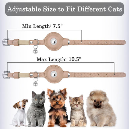 OOPSDOGGY Cat Collar for AirTag Holder, Leather Kitten Collars with Elastic Strap & Bell, Non Breakaway Adjustable Small Pet Collars for Indoor & Outdoor for Boy, Girl (Beige)