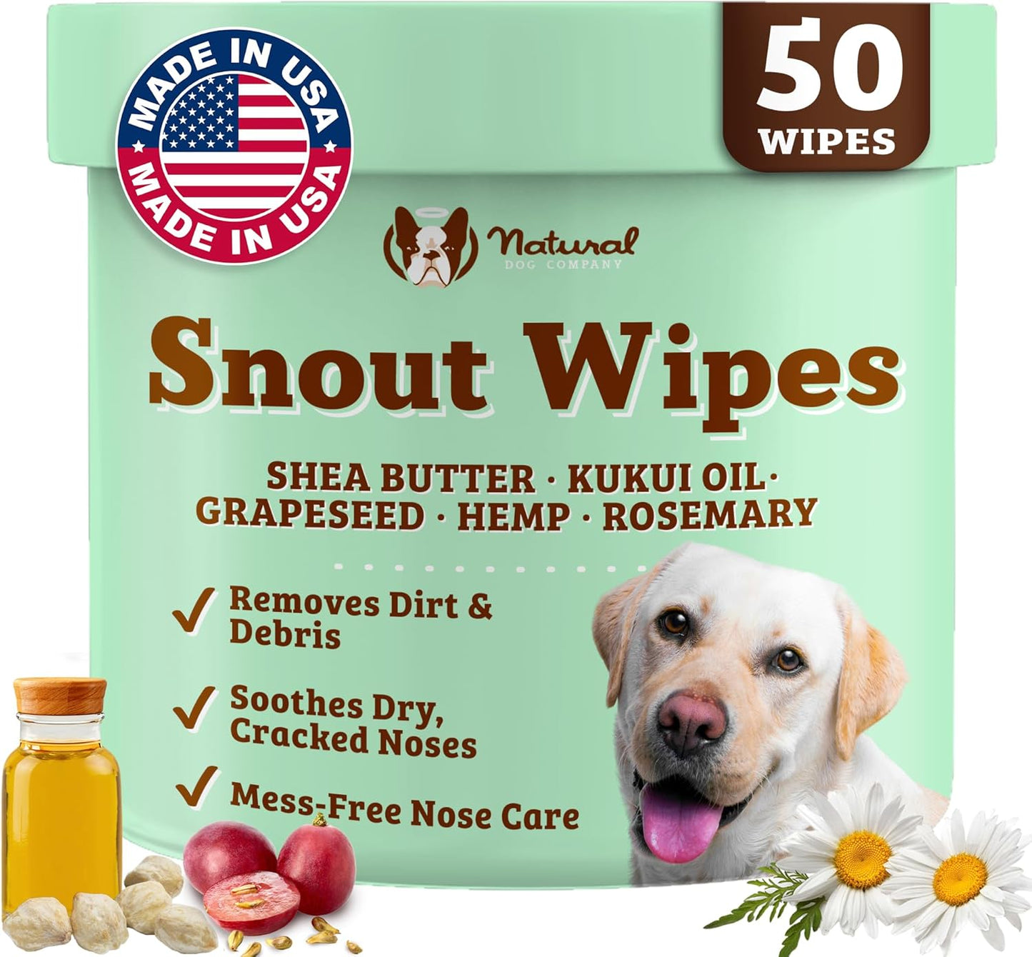 Natural Dog Snout Wipes, 50 Count - Snout Dog Wipes for Cleaning and Soothing, Natural, Non-Toxic Dog Care Products, Kukui Oil Infused, Snout Soother Wipes, Nourishing and Moisturizing Wipes for Dogs