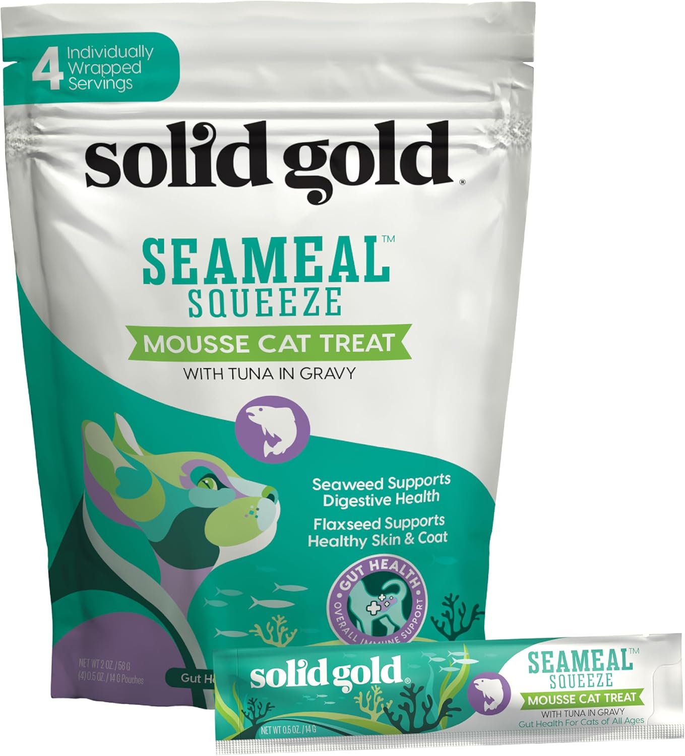 SeaMeal Squeeze Tuna Lickable Cat Treat with Seaweed for Skin, Coat, Digestive & Immune Health - Natural, Holistic, Grain-Free (4 Squeezes)