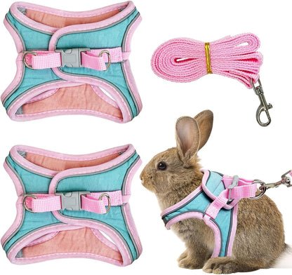 PINVNBY 2 Pack Bunny Hsrness and Leash Set Adjustable Rabbit Harness with Reflective Strips Double Buckle Pet Vest Eescape Proof for Small Rabbit Kitten Puppy Walks Accessories (Pink Green, M)