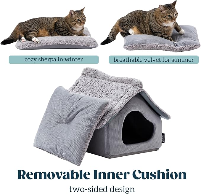 Cat Houses for Indoor Cats - Large Cat Cave Bed with Removable Support Foam and Washable 2-Side Mat - Covered Cat Bed for Cat Hideaway - Enclosed Cat Hideout for Kitten and Small Pet, Grey
