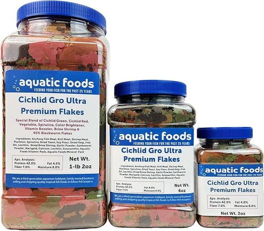 Aquatic Foods Inc. Premium Cichlid GRO Ultra 8-Type Flake Mix with Krill, Shrimp, Plankton, Spirulina for Central & South American Cichlids Also Pellet Mix, Wafer Mix Included…1-lb 2oz