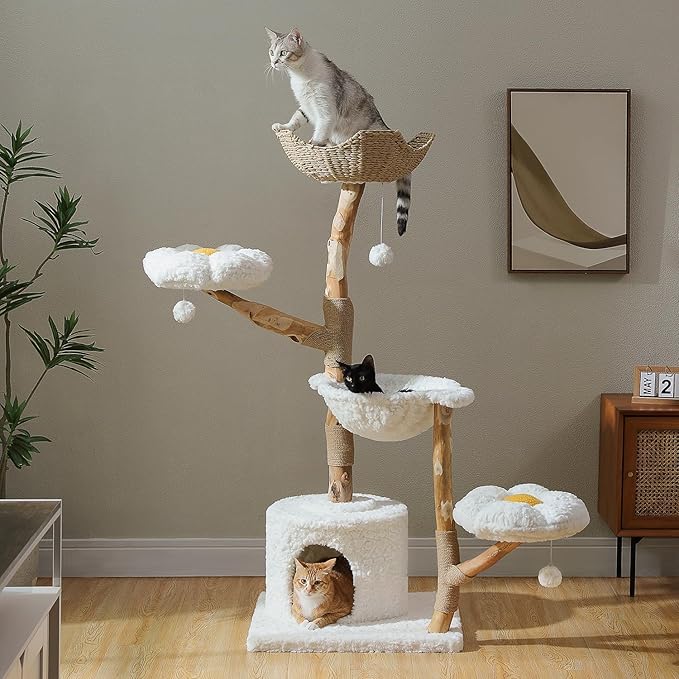 59" Modern Cat Tree Tower for Large Cats w/2 Flower Perches-Natural Solid Wood Scratching Post with Real Branch-Luxury Boho Cat Furniture w/Condo & Wicker Basket Bed, Cloud White