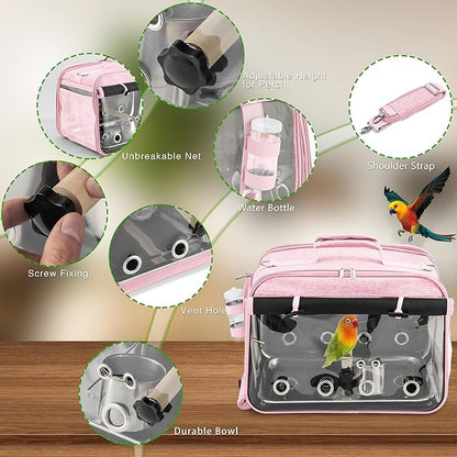 Suertree Bird Carrier Airline Approved, Bird Travel Cage with Indestructible Stainless Steel Mesh, Bird Travel Bag Lightweight and Portable with Water Bottle and Bowl