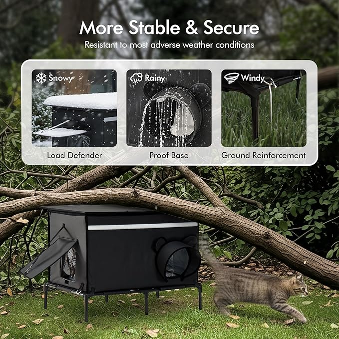 Heated Outdoor cat House for Outside, Weatherproof Insulated Feral Cat Shelter with Timer-Temp Control Heating Pad in Winter, Large Elevated Outdoor Cat House with Zipper, 2 Doors, Safety- Black