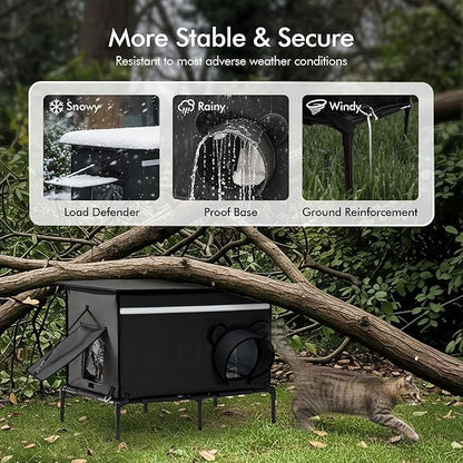 Heated Outdoor cat House for Outside, Weatherproof Insulated Feral Cat Shelter with Timer-Temp Control Heating Pad in Winter, Large Elevated Outdoor Cat House with Zipper, 2 Doors, Safety- Black