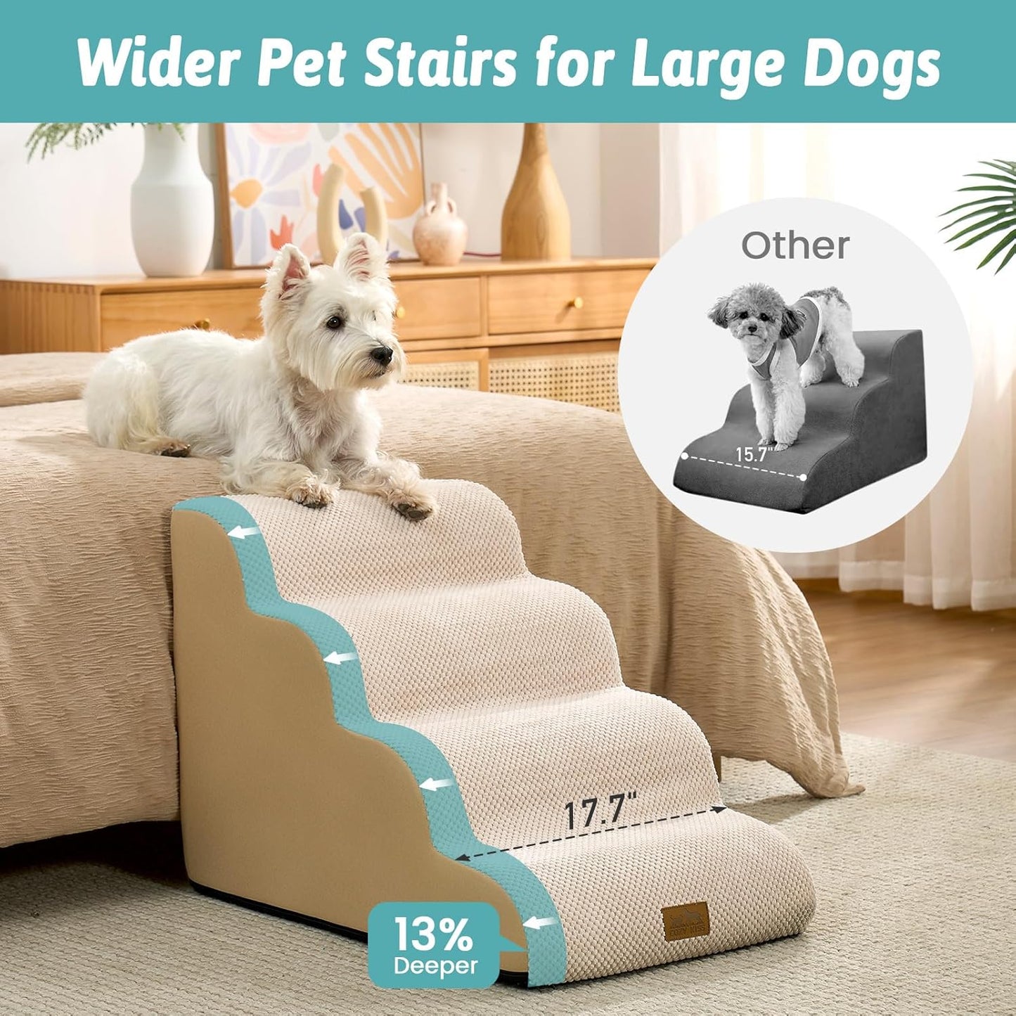 Wide Dog Stairs for Small Dog 19.7" H, Pet Step for Puppy, Older Cat, Curved Ramp for High Bed or Car, Stairs with High Density Foam, Lightweight, Durable, 4 Step, 17.7x28x19.7 inch, Beige